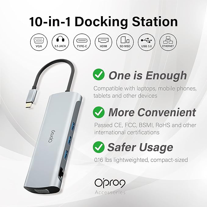 Opro9 10-in-1 USB C Hub Multiport Adapter, Laptop Docking Station Dual 4K HDMI - Image 2