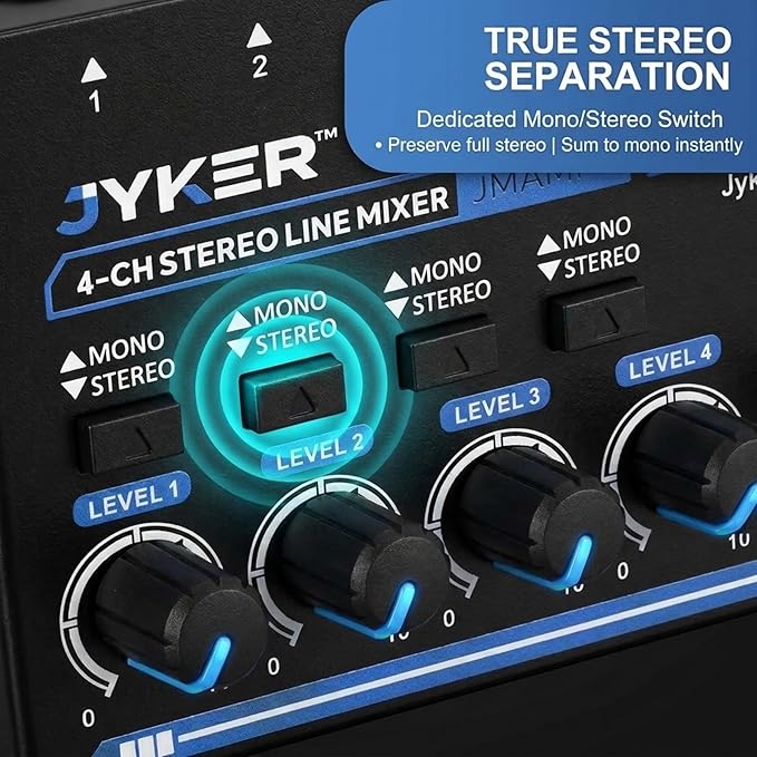 Jyker 4 Channel Stereo Line Mixer, Compact Audio Mixer TS/TRS Line Level Sources - Image 9