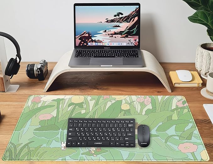 Kawaii Green Desk Mat Cute Mouse Pad Japanese, Flowers and Plants Keyboard Mat - Image 4