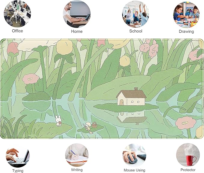 Kawaii Green Desk Mat Cute Mouse Pad Japanese, Flowers and Plants Keyboard Mat - Image 6