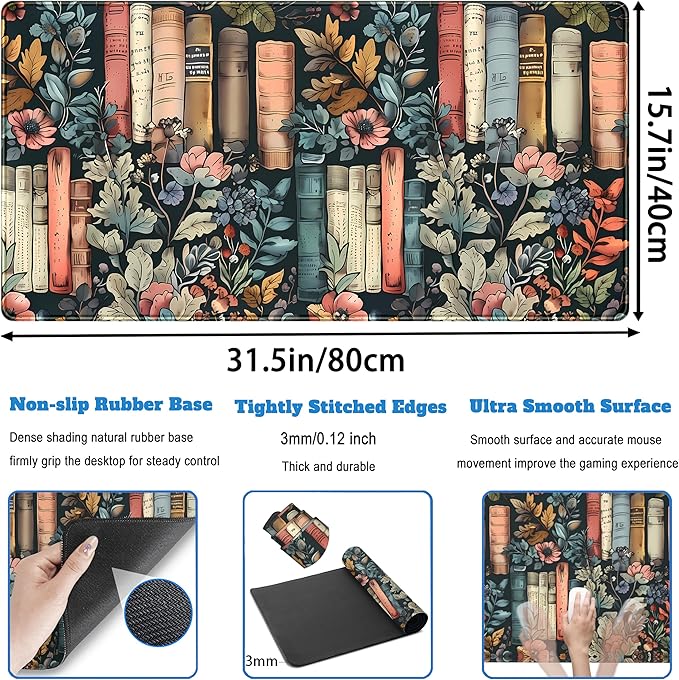 Floral Books Desk Mat Reading Desk Pad Mouse Mat XXL, Colorful Mouse Keyboard - Image 4