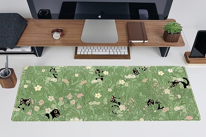 Cute Green Leaves Pink Flowers Mouse Pad Desk Pad Kawaii Anime Cat Desktop - Image 5