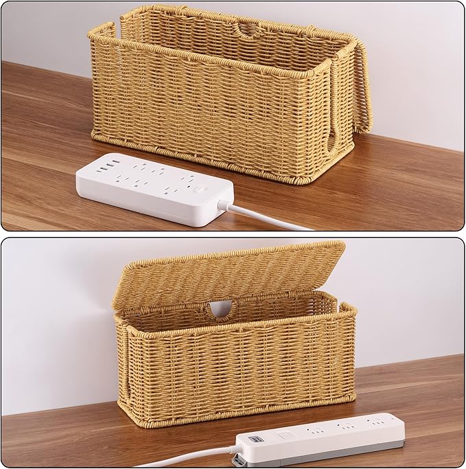 2Pack Large Cable Management Box, Handwoven Imitation Rattan Cord Organizer - Image 7