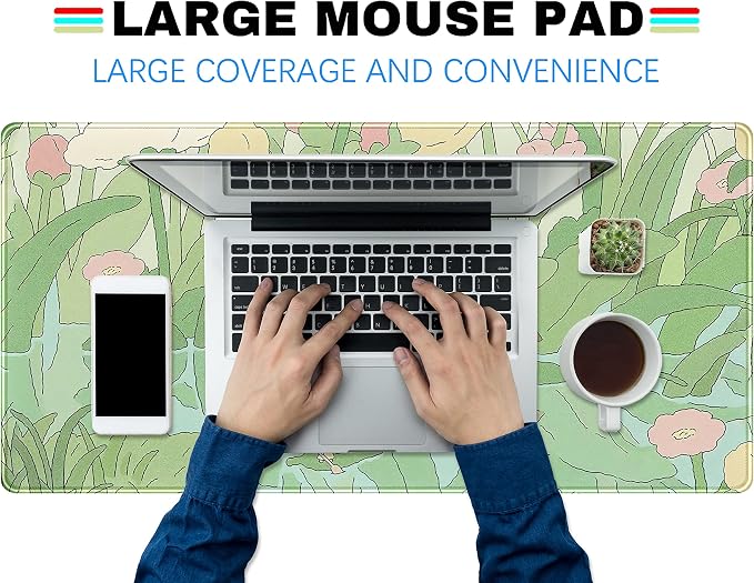 Kawaii Green Desk Mat Cute Mouse Pad Japanese, Flowers and Plants Keyboard Mat - Image 3