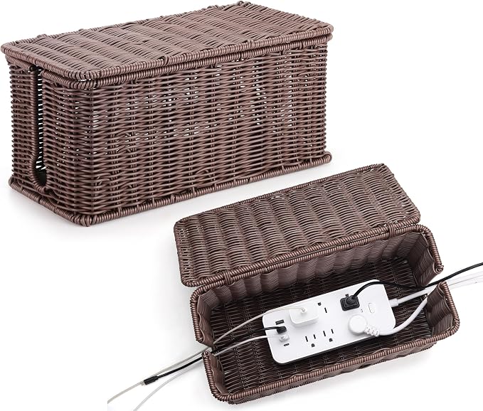 Large Cable Management Box, Handwoven Imitation Rattan Cord Organizer Cord by ZhiYo
