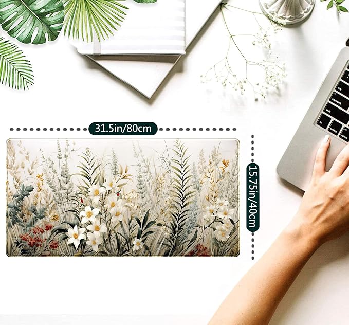 Beige Aesthetic Sage Desk Mat Cute Watercolor Flowers Mouse Pad Desk Pad - Image 2