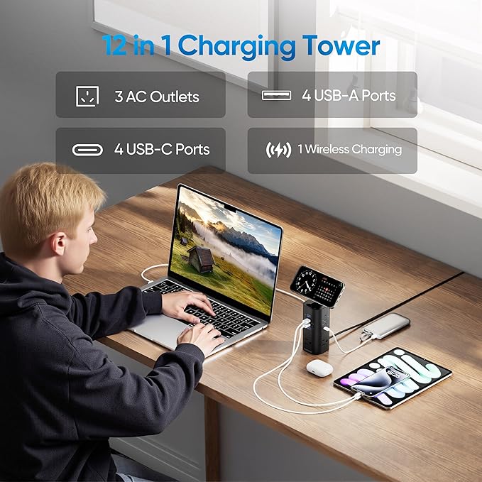 TenTrend Power Strip Tower Surge Protector, 115W Fast Charging Station - Image 2