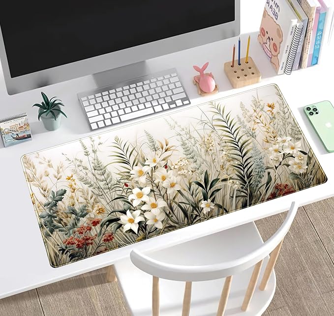 Beige Aesthetic Sage Desk Mat Cute Watercolor Flowers Mouse Pad Desk Pad - Image 5