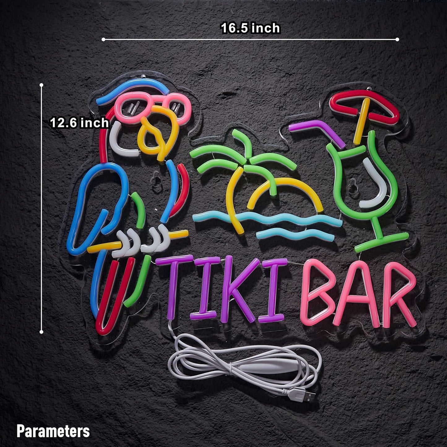 Tiki Bar Parrot Palm Tree Neon Sign for Wall Decor Hawaii Beach Bar LED Light up Signs with Dimmer for Pub Party Man Cave Room Art Decor Gift