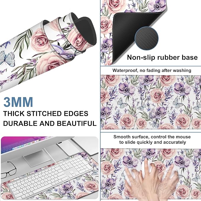 Gaming Desk Pad Large Extra Length Lavender, Roses and Anemone Mouse Pad - Image 2