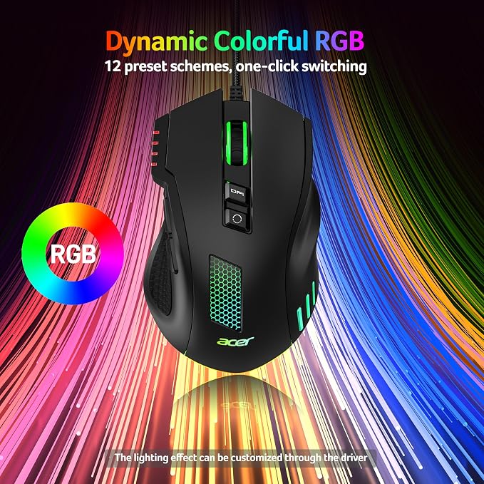 acer Wired Gaming Mouse, 800 DPI RGB Ergonomic Computer Mouse - Image 5