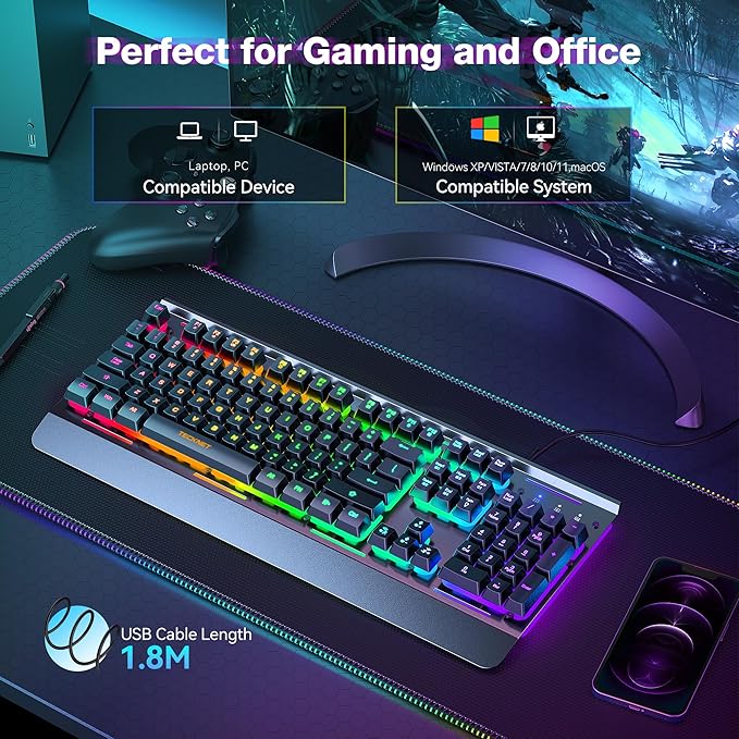 TECKNET Wired Gaming Keyboard, USB Wired Computer Keyboard, 15-Zone RGB - Image 5
