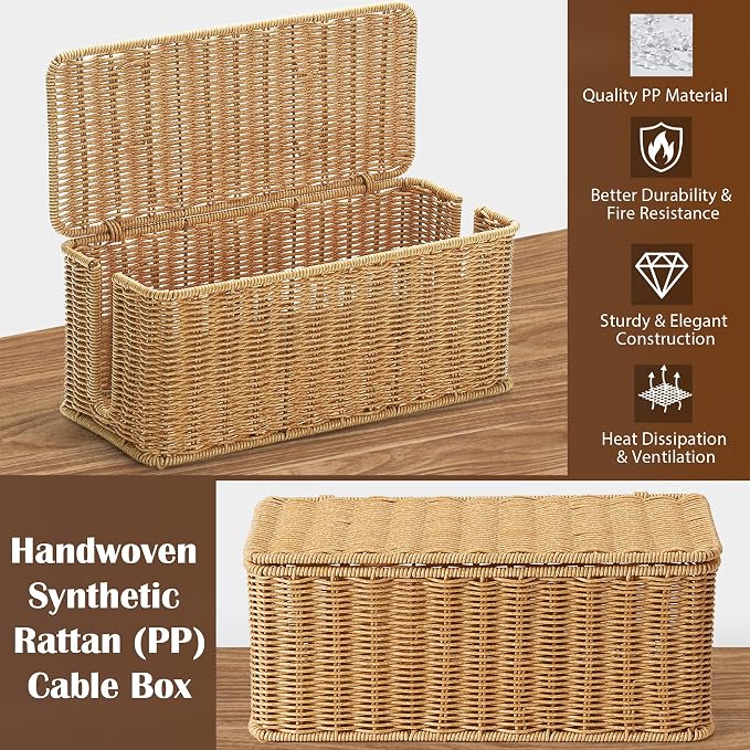 2Pack Large Cable Management Box, Handwoven Imitation Rattan Cord Organizer - Image 2