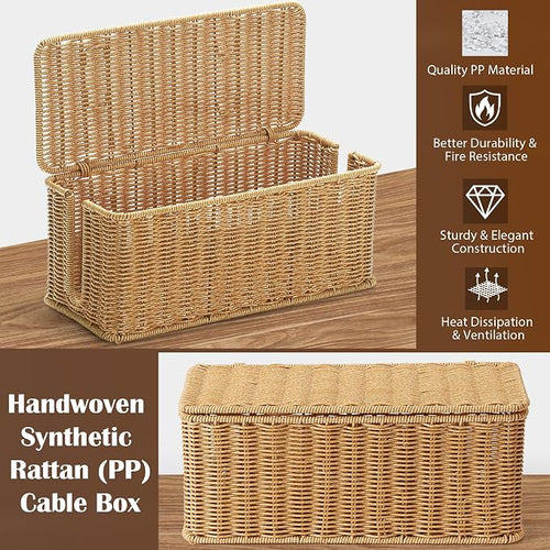 2Pack Large Cable Management Box, Handwoven Imitation Rattan Cord Organizer - Image 2