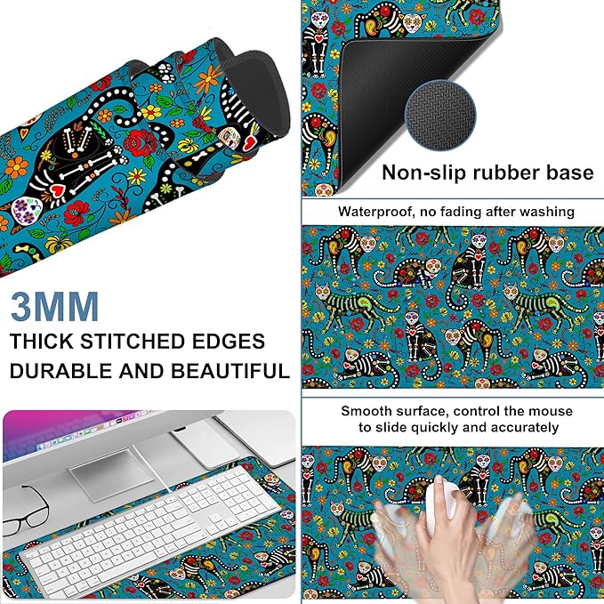 Sugar Skull Black Cats Gaming Mouse Pad 3mm Thick Stitched Edge Waterproof - Image 2