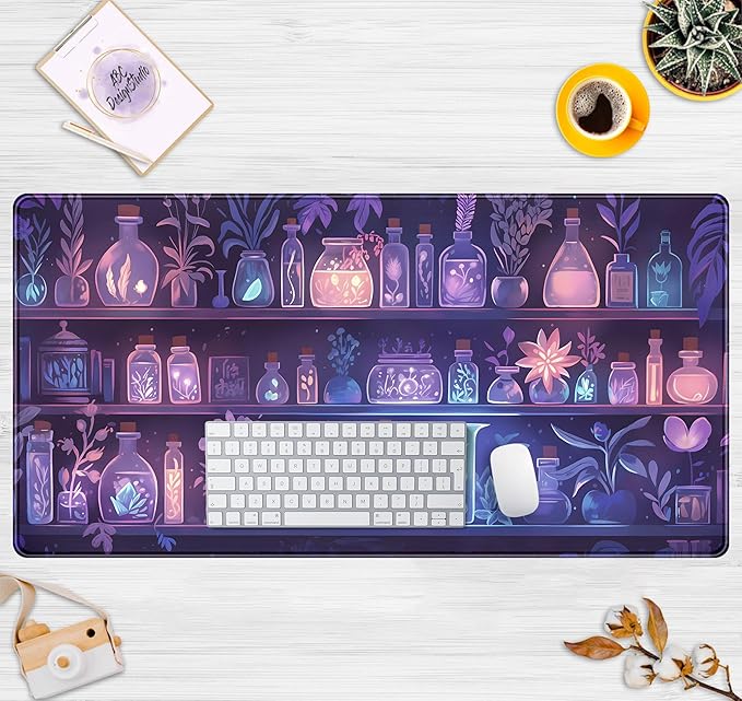 Cute Cozy Purple Gaming Desk Mat, Mystical Potion Bottles Mouse Pad XXL Large - Image 7