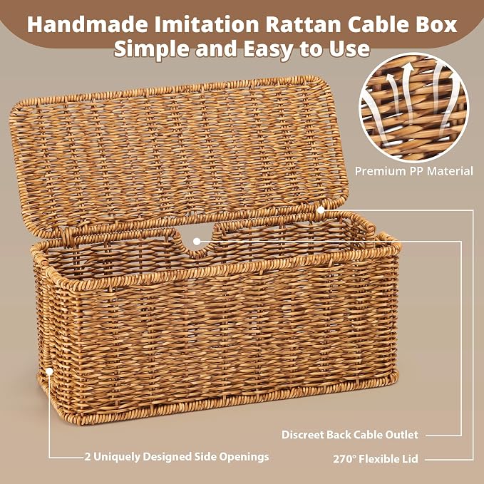 Handmade Cable Management Box, Imitation Rattan Cord Organizer Cord Hider Box - Image 5