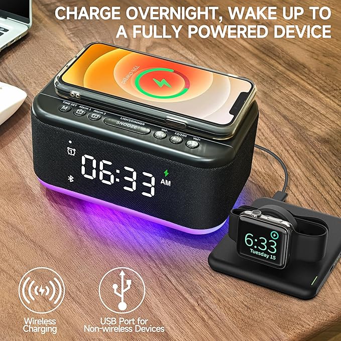 Alarm Clock Speaker Wireless Charger, Digital Alarm Clocks Bedrooms Bluetooth - Image 5