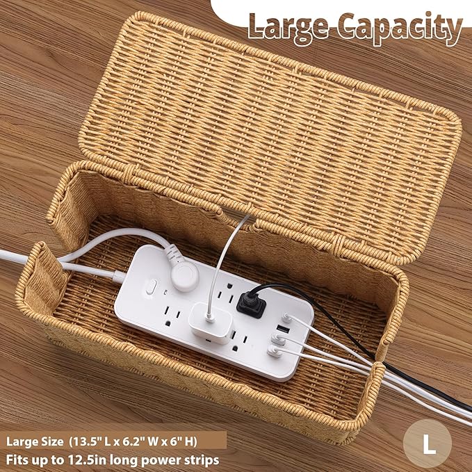 2Pack Large Cable Management Box, Handwoven Imitation Rattan Cord Organizer - Image 4
