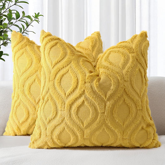 decorUhome Throw Pillow Covers 26x26 Inch Set of 2, Soft Plush Decorative Faux Fur Mustard Yellow Solid Couch Pillow Covers, Accent Farmhouse Neutral Square Euro Pillow Cases for Sofa Bed Living Room