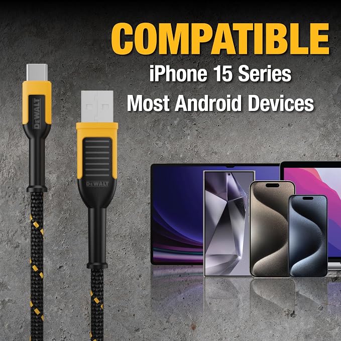DEWALT Heavy Duty USB C Cable, Premium Braided Nylon USB A to Type C Charger - Image 5