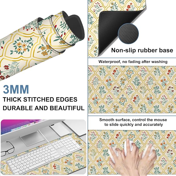 Large Mouse Pad Decorative Floral Gaming Desk Pad Computer Keyboard Non-Slip - Image 2
