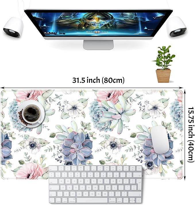 Watercolor Succulents Desk Mat, Plants Succulent Roses Desk Pad Protector - Image 2