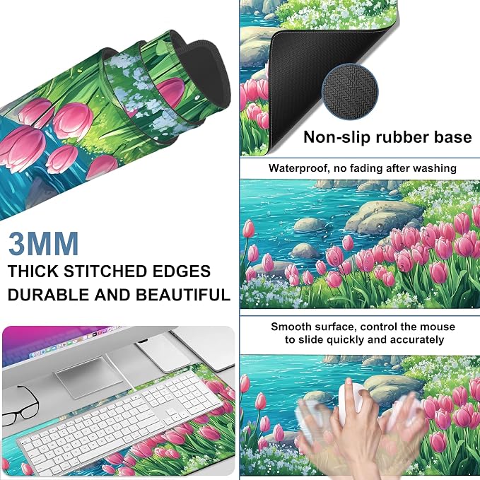 Large Mouse Pad Blooming Tulips Gaming Desk Pad Computer Keyboard Non-Slip - Image 2