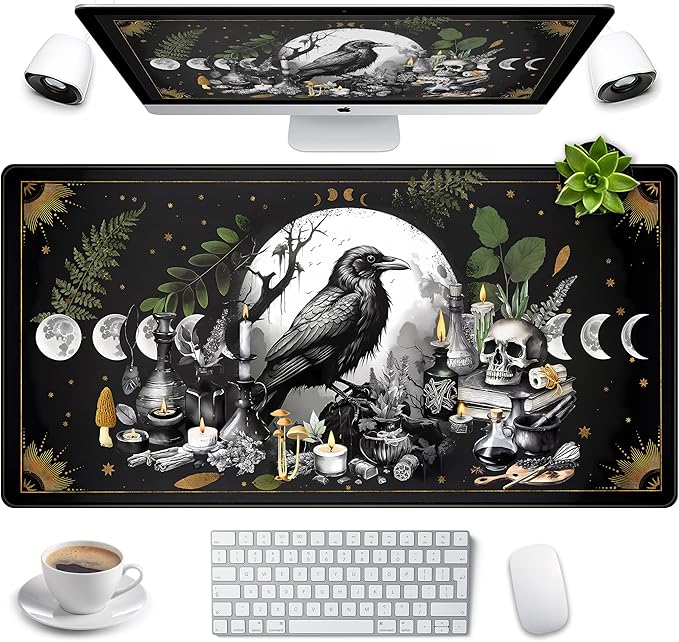 Cute Kawaii Raven Desk Mat XXL Large Extended Gaming Mouse Pad Nature Forest by LuckyCow