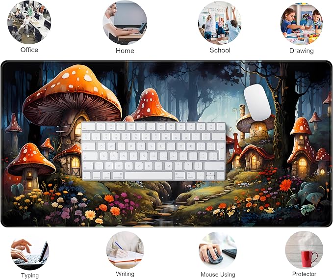 Cute Anime Mushroom Desk Pad Floral Desk Mat, XXL Large Extended Mousepad - Image 6