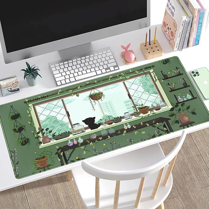 Cute Kawaii Green Plant Desk Mat Anime Aesthetic Mousepad Pixel Art XXL Large - Image 3