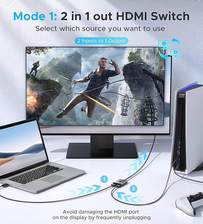 HDMI Switch 2 in 1 Out 4K@60Hz, WARRKY Bidirectional 2x1 Switcher Splitter - Image 2