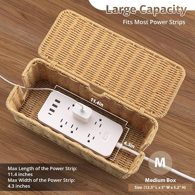 2Pack Large Cable Management Box, Handwoven Imitation Rattan Cord Organizer - Image 5