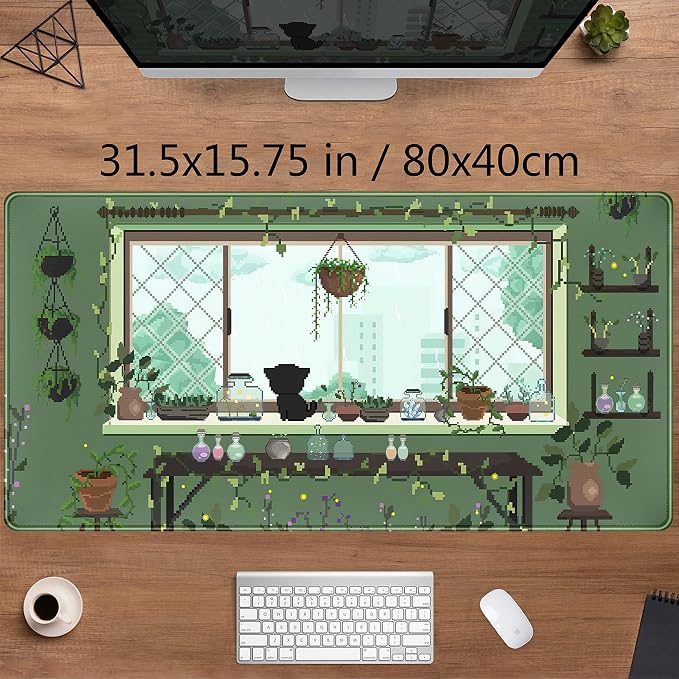 Cute Kawaii Green Plant Desk Mat Anime Aesthetic Mousepad Pixel Art XXL Large - Image 2