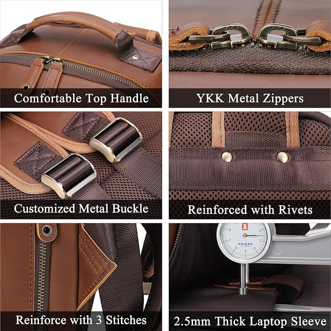 TIDING Brown Leather Travel Backpack - Image 7