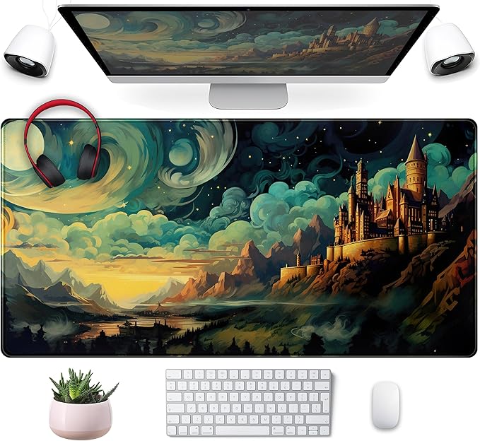 Cool Aesthetic Castle Mouse Pad Desk Pad Cute Cloudy and Starry Desk Mat by Mechanical+Cattle