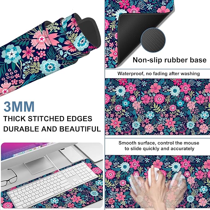 Colorful Flowers Gaming Mouse Pad 3mm Thick Stitched Edge Waterproof Non-Slip - Image 2