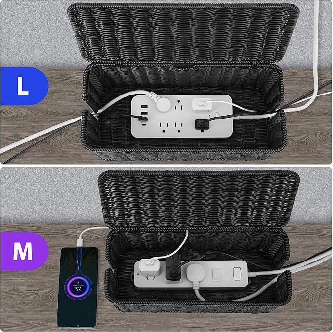 2Pack Large Cable Management Box Black, Handwoven Imitation Rattan Cord - Image 3