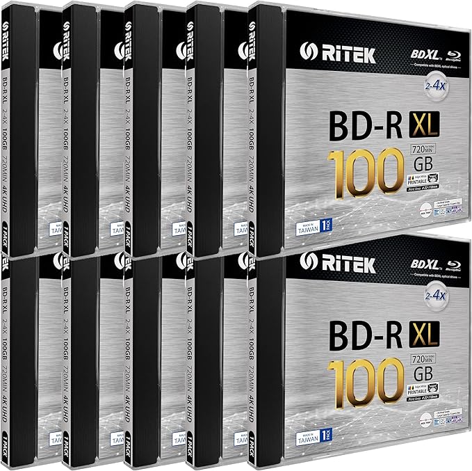 10 Pack Ritek BD-R XL BDXL 100GB Triple Layers 4X White Inkjet Hub Printable by Ritek
