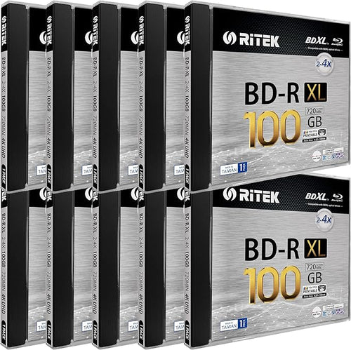 10 Pack Ritek BD-R XL BDXL 100GB Triple Layers 4X White Inkjet Hub Printable by Ritek