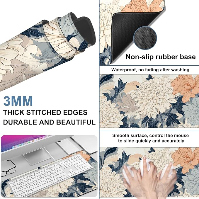 Beautiful Chrysanthemum Gaming Mouse Pad 3mm Thick Stitched Edge Waterproof - Image 2