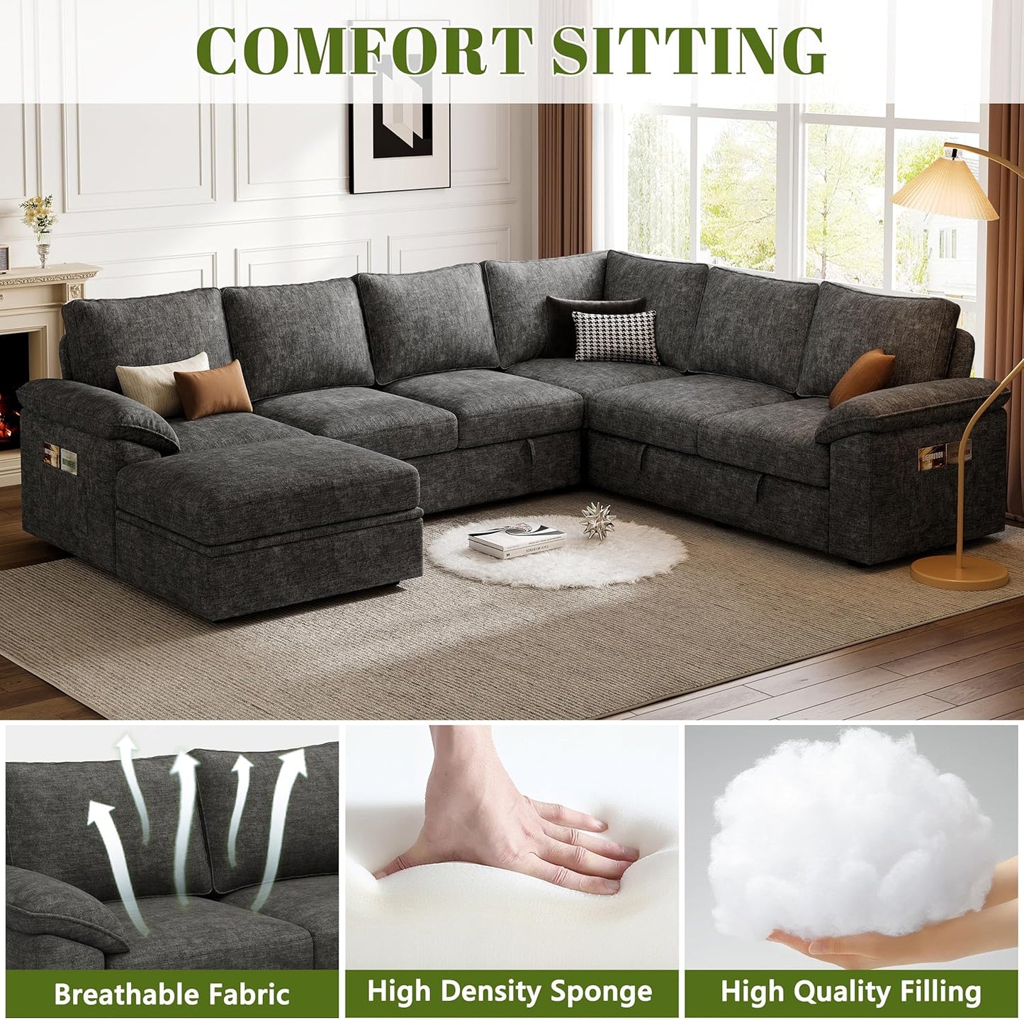 108 Inch Sectional Sleeper Sofa with Pull Out Bed,U Shaped 7 Seat Modular Sectional Sofa with Storage,Sectional Couches for Living Room,Cloud Modular Couch,Removable Sofa Cover,Dark Grey