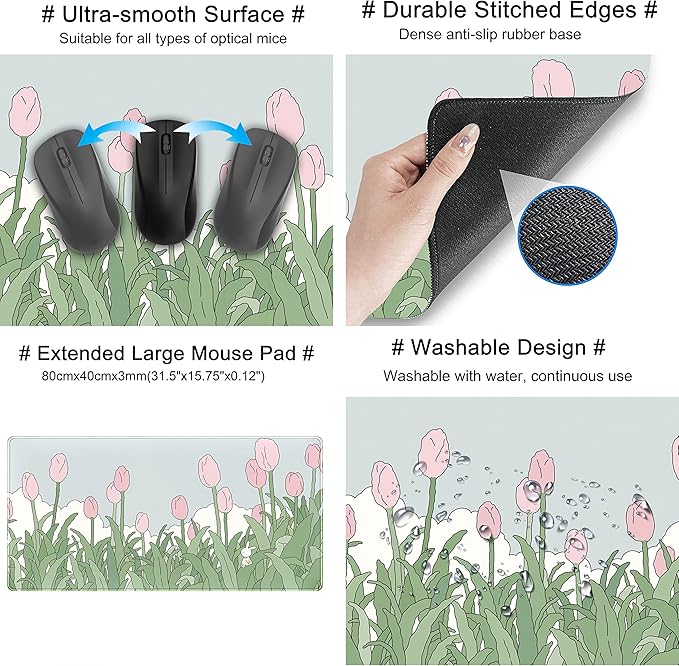 WatercolorTulip Flower Mouse Pads, Extended Gaming Mousepad XXL Kawaii Anime - Image 6