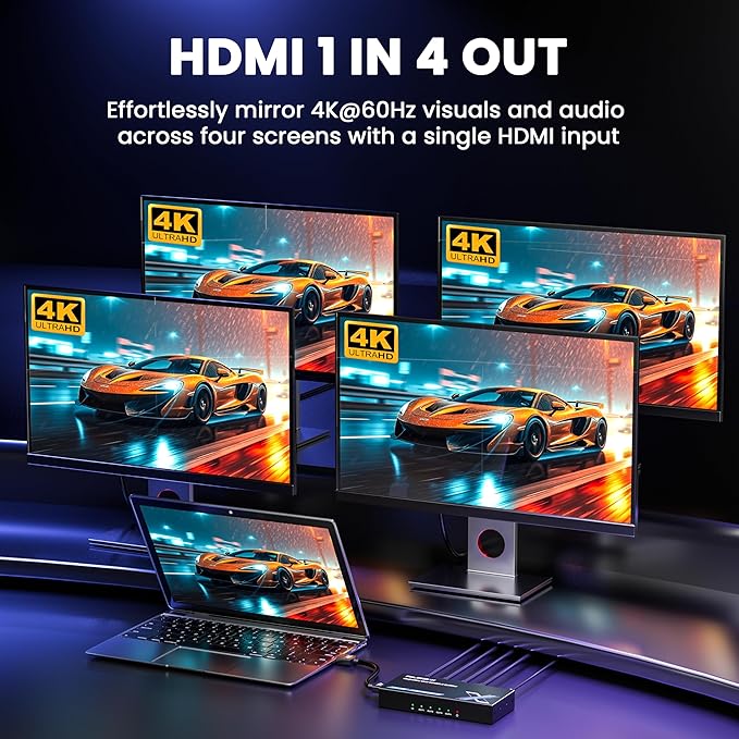 4K HDMI Splitter 1x4 withEDID, 4K@60Hz HDR HDMI 2.0 18Gbps HDMI Duplicator - Image 2