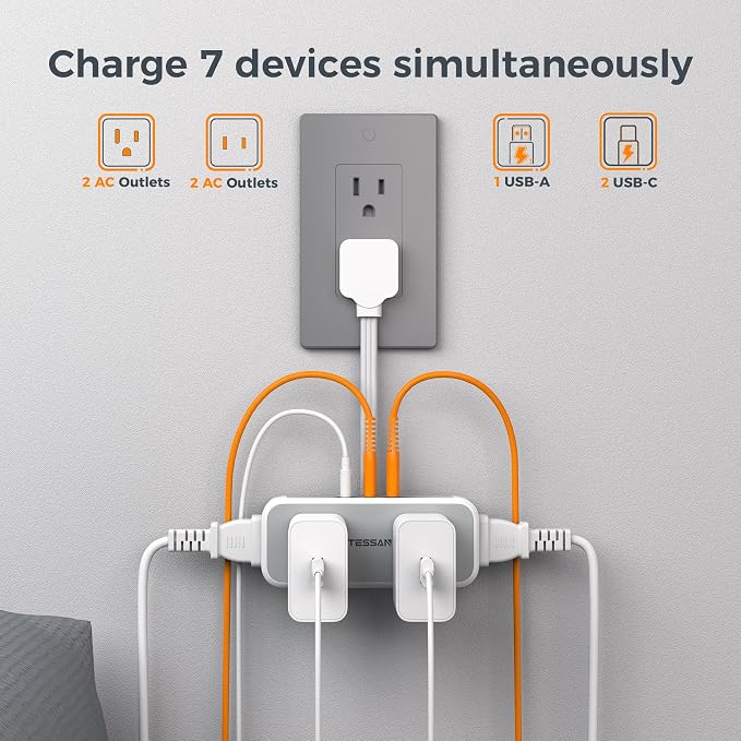Short Extension Cord 6 inch, TESSAN Flat Plug Power Strip - Image 2