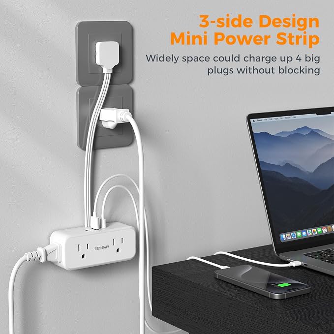Small Extension Cord 6 inch, TESSAN Thin Flat Plug Power Strip - Image 5