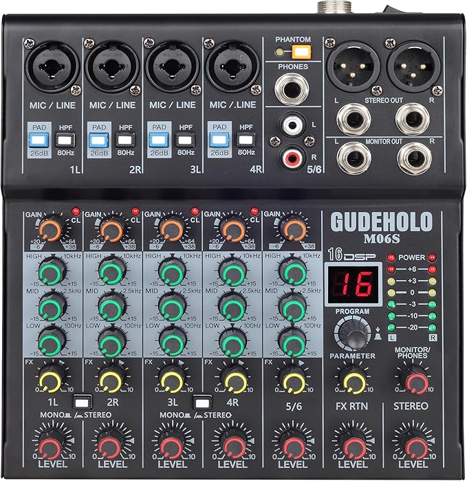 6-Channel Professional DJ Audio Mixer, DJ Controller Sound Mixer DSP 16 Preset by GUDEHOLO