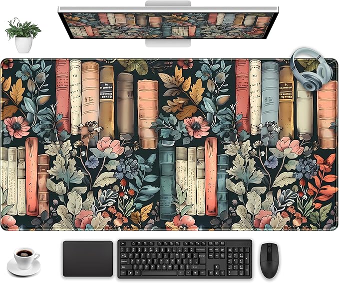 Floral Books Desk Mat Reading Desk Pad Mouse Mat XXL, Colorful Mouse Keyboard by Unknown