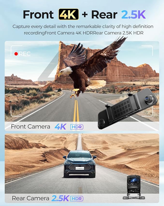 12" Mirror Dash Cam, 4K UHD Front and 2.5K Rear View Dash Camera - Image 2