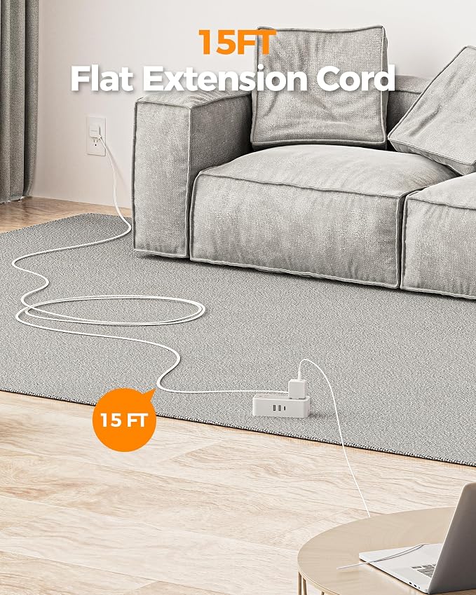 Flat Extension Cord 15 FT, TESSAN Surge Protector Power Strip - Image 2